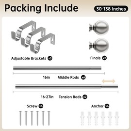 Extendable Curtain Rods 30-138 Inch, Dia 3/4" Splicing Adjustable Curtain Pole with 44mm Metal Ball Finials for Eyelet Curtains, Drapery Rods for Bedroom, Living room, Office