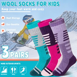 Velice Kids Merino Wool Ski Socks 3 Pairs Boys Girls Thermal Thick Warm Winter Cozy Boot Socks for Skiing Snowboarding(Purple/Green/Rose Red, 4-7 Years)