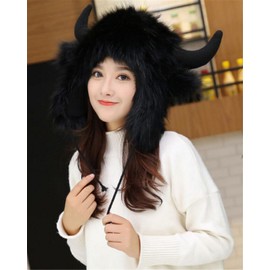 MioCloth Cute Warm Plush Fluffy Faux Fur Hood Animal Buffalo Bison Bull Hat Ear Horn Costume Hat Christmas Gift Black