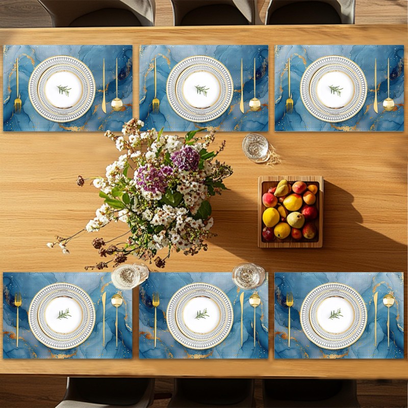 Placemats Set of 6,Blue Gold Marble Table Mats, Abstract Washable