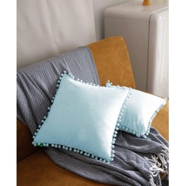 Pagnanno. Set of 2 Soft Velvet Cushion Covers 45x45cm(18x18 Inches) Pom Throw Pillowcases Square Cushion Covers for Chairs,living and bedroom with Invisible Zipper (18"x18" (Pack of 2), Aqua)