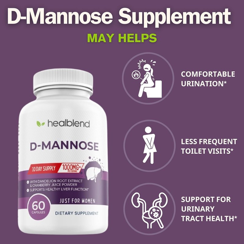 D-Mannose 1000mg Capsules with Cranberry Juice Powder, Hibiscus, and Dandelion