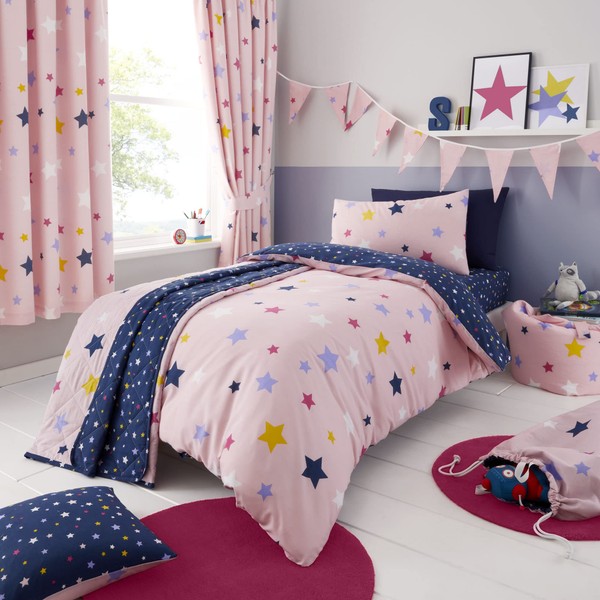 Happy Linen Company Girls Boys Kids Multi Stars Pink Toddler Cot Bed Reversible Duvet Cover Bedding Set