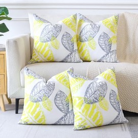 Sungeek Set of 4 Leaf Print Decorative Cushion Covers Soft Pillow Covers with Invisible Zipper Square Throw Pillow Cases for Sofa Bed Patio Farmhouse Outdoor (Yellow+Grey, 45x45 cm)