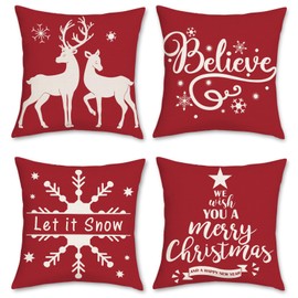Bonhause Christmas Red Throw Pillow Covers 18 x 18 Inch Reindeer Snowflake Believe Decorative Pillows for Sofa Couch Winter Holiday Decor Set of 4