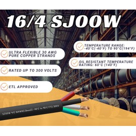 50 Feet 16/4 SJOOW Cable Cord 16 AWG 4 Conductor SO Wire - 16 Gauge 4 Conductor (16/4 Wire) 300V Portable Power Extension Cable for Motor Leads, Portable Lights, Battery Chargers