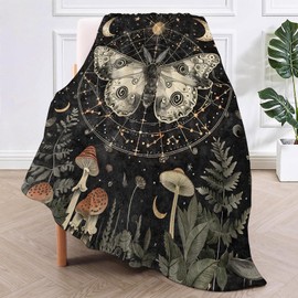 TRYYN Mystical Night Moth Throw Blanket for Couch Picnic Camping Bedroom Decor, Moon Celestial Mushroom Botanical, Super Soft Cozy Plush Fluffy Fleece Blankets Gifts for Kids Adults, 60x50 Inch