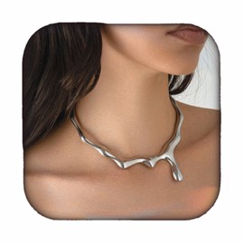 Doubnine Modern Liquid Metal Statement Necklace, Silver Tone, Wavy Drip Design, Choker Style