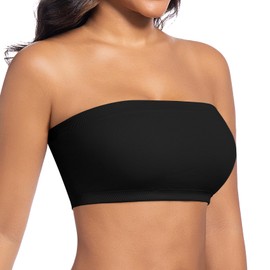 ONEW Seamless Bandeau Bra Women's Strapless Bustier Top Without Underwire Shoulderless Bra Tube Top with Transparent Straps, black, L