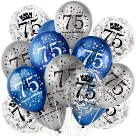 18Pcs Happy Birthday Balloons Decorations Navy Blue Silver 75th Birthday Balloons Decoration Happy 75th Birthday Confetti Latex Balloon Decorations for Men Women 75 Anniversary Birthday Party Décor