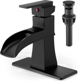 HOIGY Waterfall Faucet, Brass Black Bathroom Sink Faucet 1 Hole or 3 Holes, Single Handle Bathroom Faucet 4 Inch Bathroom Faucets with Pop-Up Drain, Supply Hoses & Deck Plate for Vanity Lavatory RV