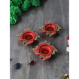 BBRATS Pack of 3 Diwali Diyas for Decoration | Clay Diyas Handmade and Handpainted Decorative Terracotta Diyas | Diwali Lighting Home Decoration (Red