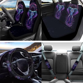 Salabomia Elephant Print Car Seat Covers Full Set for Women Mandala Flower Car Front Back Split Bench Protector Steering Wheel Cover Seatbelts Pads Coaster Armrest Headrest Cover, Purple