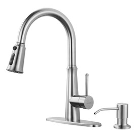 WOWOW Kitchen Faucet with Sprayer,Brushed Nickel Single Handle High Arc Stainless Steel Kitchen Faucet Tap with Pull Down Sprayer for 2 or 4 Hole,Pull Out Faucet with Deck Plate & 3 Functions