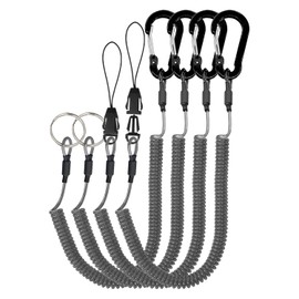 Lix&Rix Spiral Stretchy Coiled Lanyard with Carabiner Clamps Fishing Equipment Tool Tether Leash, Ring and Quick Release Type, 4pcs