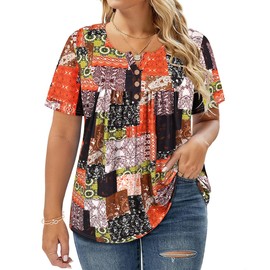 RITERA Plus Size Tops for Women Button Up Oversized Summer Tshirt Womens Boho Pattern Tunic Top Graphic Tees Short Sleeve Shirts Casual Blouse 3XL 22W 24W