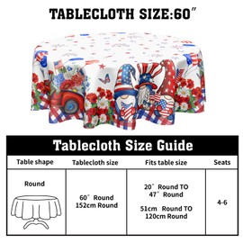 4th of July Patriotic Round Tablecloth 60 Inch American Flag Red Truck Floral Gnome Table Cloth Independence Day Memorial Day Polyester Table Cover for Kitchen Dining Room Indoor Outdoor Home Decor