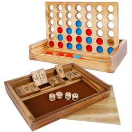 Glintoper Shut The Box & 4 in a Row Tables Game Set, Classic Wood Dice Game with Numbers & Line Up 4 Game for Kids Family, Living Room Rustic Coffee Table Decor, Travel Game Strategy Board Games