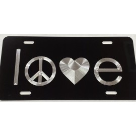 Diamond Etched Products Engraved Love Peace Heart Car Tag Diamond Etched Black Metal Front License Plate