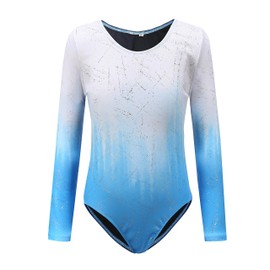 Sinoeem Girls Gradient Multicolor Long/Short Sleeve Leotard Leotard for Kids 3-12 Years, Blue - long sleeves.