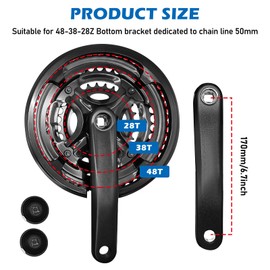 PORFOYO Kettenradgarnitur 28/38/48T, Kurbelgarnitur, Fahrrad Kurbel Garnitur 170 mm Kurbel,Kurbelarm aus Aluminiumlegierung für Mountainbike