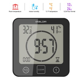 ZONJIE Bathroom Clock - Waterproof Shower Clock for Bathroom, Digital Shower Timer, Bathroom Clock with Suction Cup, Temperature and Humidity Display, Touch Shower Wall Clock (Black)