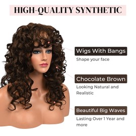 LONAI Curly Wig with Bangs for Women Long 23Inch Chocolate Brown Kinky Wigs with Wispy Bangs Curly Gorgeous Shag Synthetic Wig for Daily Use Party Cosplay