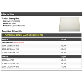Cabin Air Filter - Non-Carbon Activated - Compatible with 2013-2020 Ram 1500