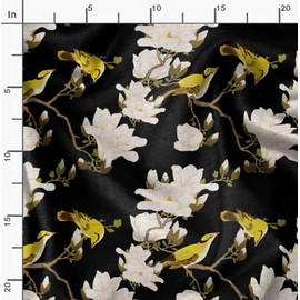 Soimoi Black Cotton Duck Fabric Floral & Leaves Bird Bird Decor Fabric Printed BTY 44 Inch Wide