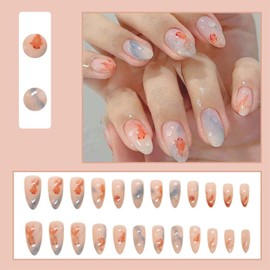 24Pcs Goldfish Press on Nails Medium Almond Fake Nails with 3D Water Drops Design Cute Blue Gradient Acrylic Nails Glue on Nails Summer Nude Color Stick on Nails Full Cover Nails for Women
