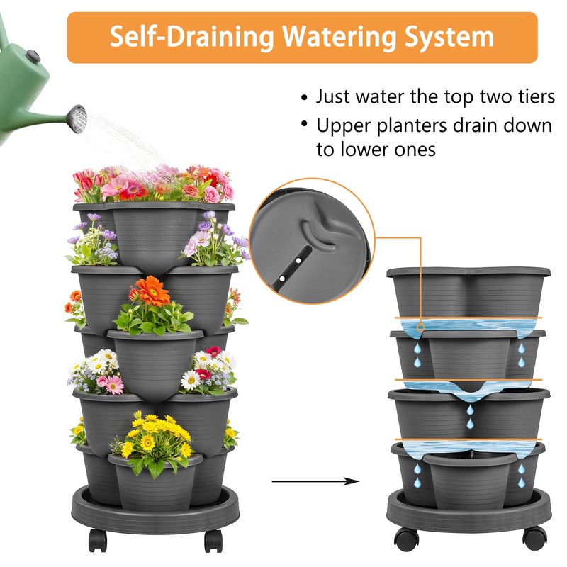 VECELO 5 Tier Vertical Garden Planter, Self Watering Stackable Planters