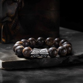AWNL Men's Beaded Bracelet with Sterling Silver Engraved Runes Charm 12mm Bronzite Natural Gemstone Gift for Men, 7.1''-7.5''