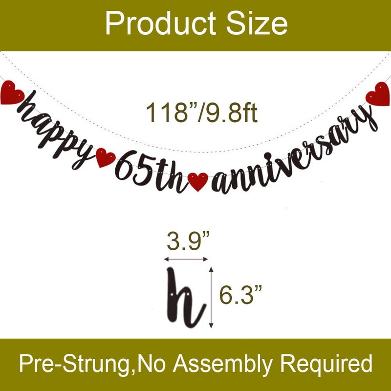 Happy 65th Anniversary Banner, Pre-Strung,Black Glitter Paper Garlands for 65th