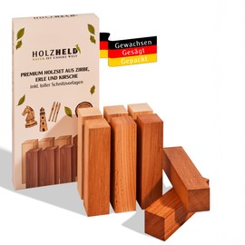 Holzheld - Elegant Wood Carving Set, 8-Piece Made from German Pine, Alder & European Cherry - FSC Certified Wood, Large Untreated Wood Blocks for Carving (14 x 3.5 x 3.5 cm), Includes Carving