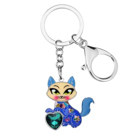 Bonsy - Llavero de metal esmaltado con forma de corazón y diamantes de imitación, diseño de gato, Azul, Mediano