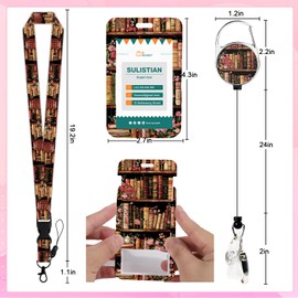 Floral Bookshelf Lanyards for Id Badges - Cosmisun Book Lover ID Badge Holder with Lanyard Badge Reel Retractable ID Holder Keychain Clip Card Protector for Nurse Students Women Teacher Office Gifts