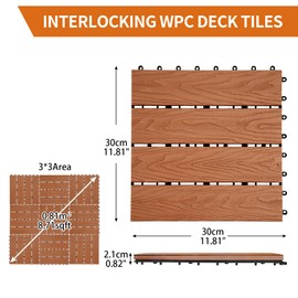 ShunHong WPC Interlocking Deck Tiles,Outdoor Composite Deck Tile,12x12 Waterproof Composite Decking Boards,Wood Plastic Decking for All Weather Use,Poolside,Balcony,Patio(9Pcs,Natural,9 sqft)