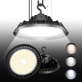 LED High Bay Lights, 200W UFO High Bay LED Shop Lights, 30000LM Adjustable CCT(5700K 5000K 4500K) & Power(200W 150W 100W), 0-10V Dimmable, 5' Cable Plug, IP65 Waterproof, ETL & DLC Listed High Bay