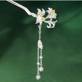 Miaomyao Hair Clip, Single Pair, Kimono, Long Sleeve, Kimono, Yukata, Hair Ornament, Antique, Flowers, Casablanca, Lily, Flower, Pearl, Silver, Hair Accessory