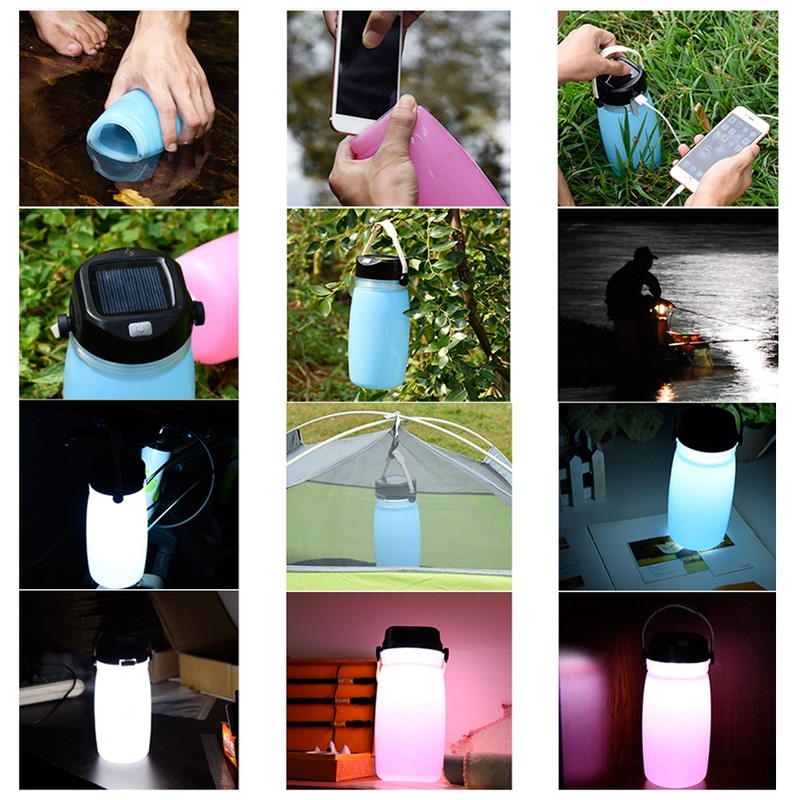 Portable Outdoor Water Bottle USB Solar Charging Camping Light Hiking