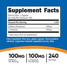 Nutricost Caffeine with L-Theanine, 100mg of Each, 240 Capsules, 240 Servings - Non-GMO and Gluten Free