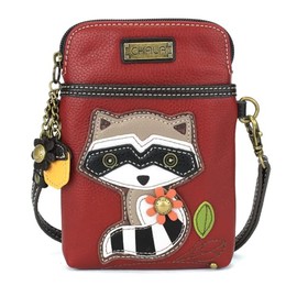 CHALA Woodland Animal Collection Cell Phone Crossbody Purse-Women PU Leather/Canvas Multicolor Handbag with Adjustable Strap - Raccoon - burgundy