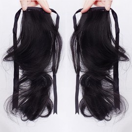 2Pcs Short Wavy Ponytail Hairpiece 30cm Light No Pressure Synthetic Hair Extension Tie Up Pony-tail Twin-tail (Jet Black)