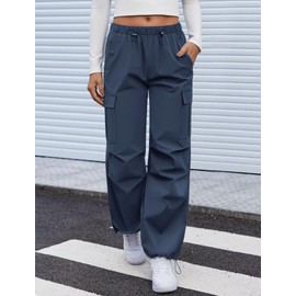 COPYLEAF Cargo Pants Women Elastic Waisted Parachute Hiking Pants with Pockets Water-Resistant Lightweight Baggy Pants(Navy Blue M)