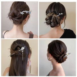 MBAIYO Silver Chopsticks for Hair, 5pcs Star Moon Asian Hair Sticks for Long Hair Bejeweled Laser Tousle Chopsticks Buns Silver Metal Moonstone Chinese Hanfu Decorative Vintage Accessories for Women