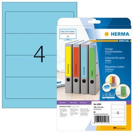 HERMA HERMA 5098 Ordnerrücken Etiketten kurz breit, 20 Blatt, 192 x 61 mm, 4 pro A4 Bogen, 80 Stück, selbstklebend, bedruckbar, blickdicht, blanko Papier Ordneretiketten Rückenschilder Aufkleber, blau