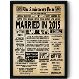 Stuff4 10th Anniversary Poster Framed - Married In 2015 Newspaper - Happy 10 Wedding Anniversary for Men Women Retro Vintage Gifts Back In 2015, 8x10 Inch Anniversaries Posters