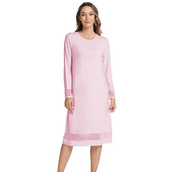 GYS Bamboo Viscose Women's Nightgowns Long Sleeve Spliced Lace Sleep
