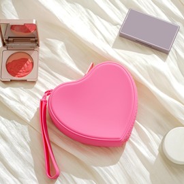 HHQQWZ Heart Shaped Portable Silicone Makeup Bag for Women Girls, Small Travel Lovely Waterproof Toiletry Cosmetic Bag, Zipper Closure Organizer Heart Makeup Case with Handle (Red)