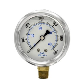 PIC Gauges PRO-201L-254K 0-600 PSI Pressure Gauge, 2 1/2" Dial, 1/4" Male NPT Connection, Bottom Mount, Dual Scale, Glycerin Filled, Stainless Steel Case/Bezel, Brass Internals & Plastic Lens